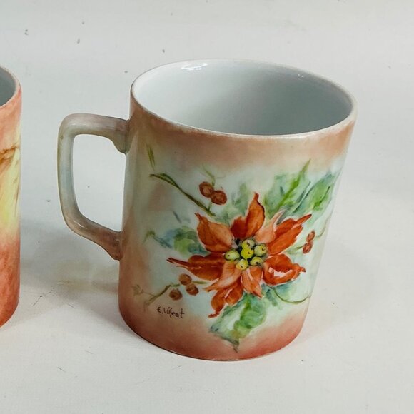 Set Of 2 Handpainted Watercolor Autumn Leaf & Poinsettia Coffee Mugs. Signed - Picture 7 of 7